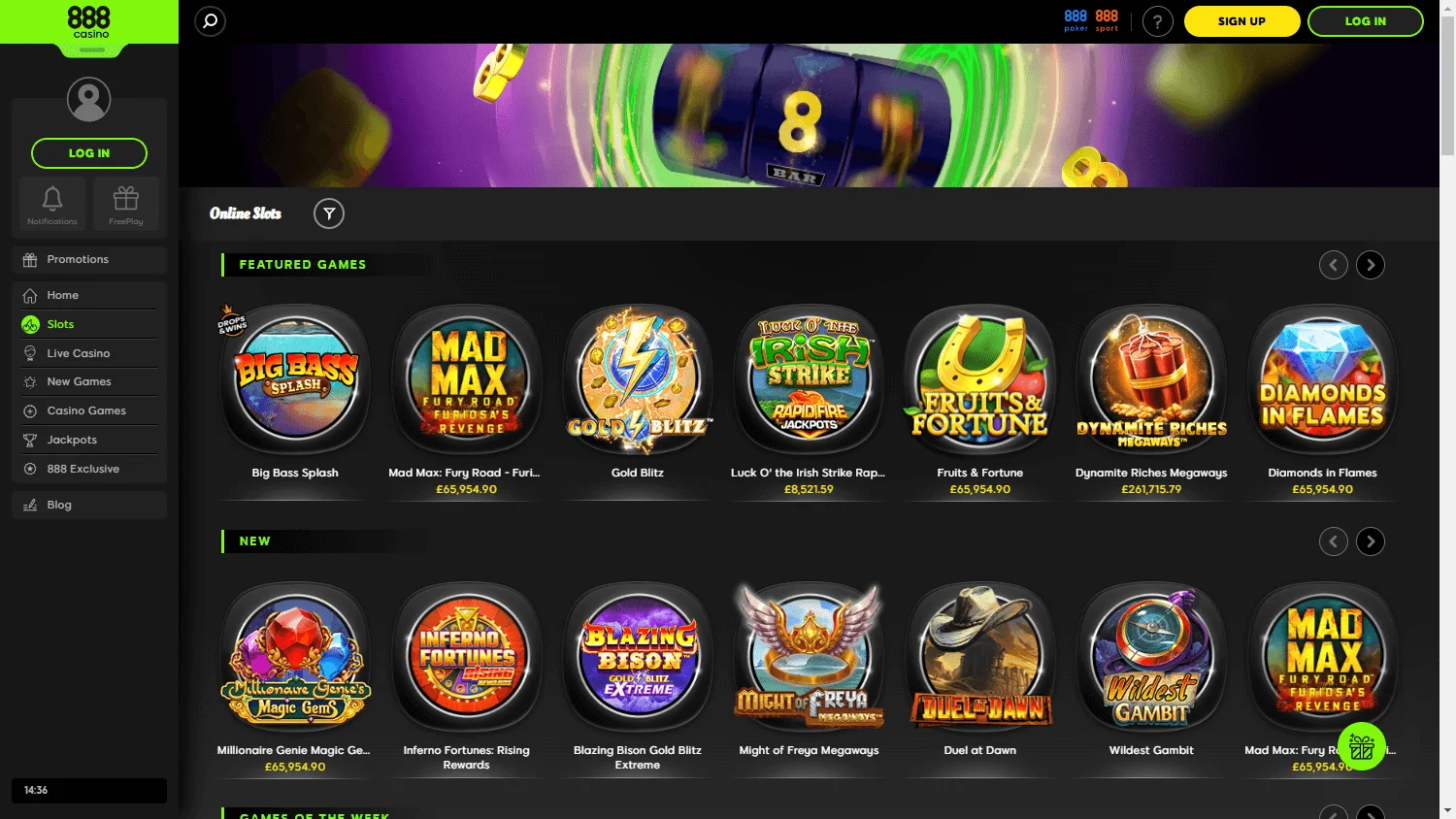 888 Casino games screen on desktop