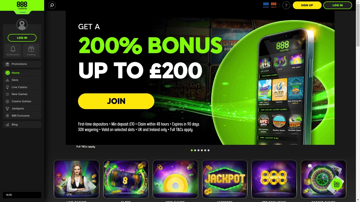 888 Casino home screen on desktop