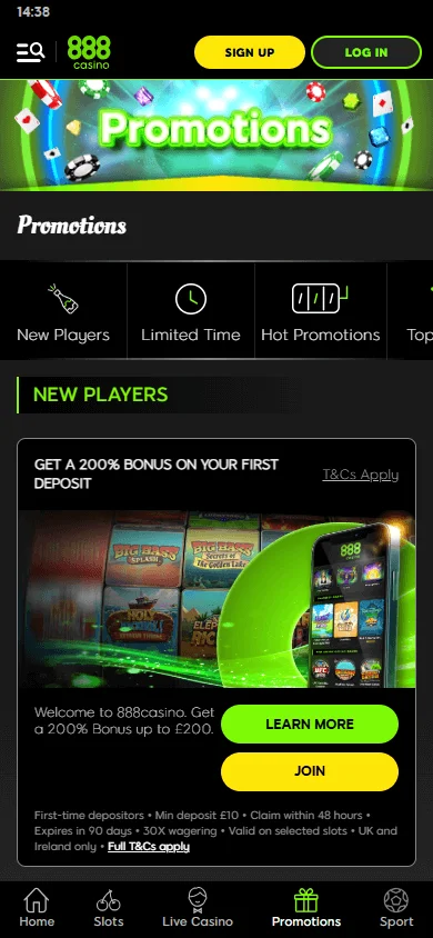 888 Casino promotions screen on mobile