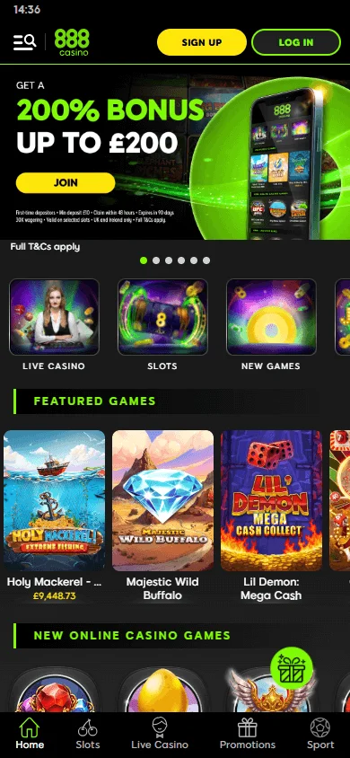 888 Casino home screen on mobile