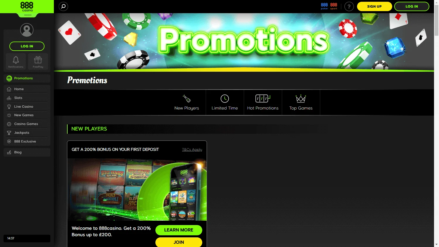 888 Casino promotions screen on desktop